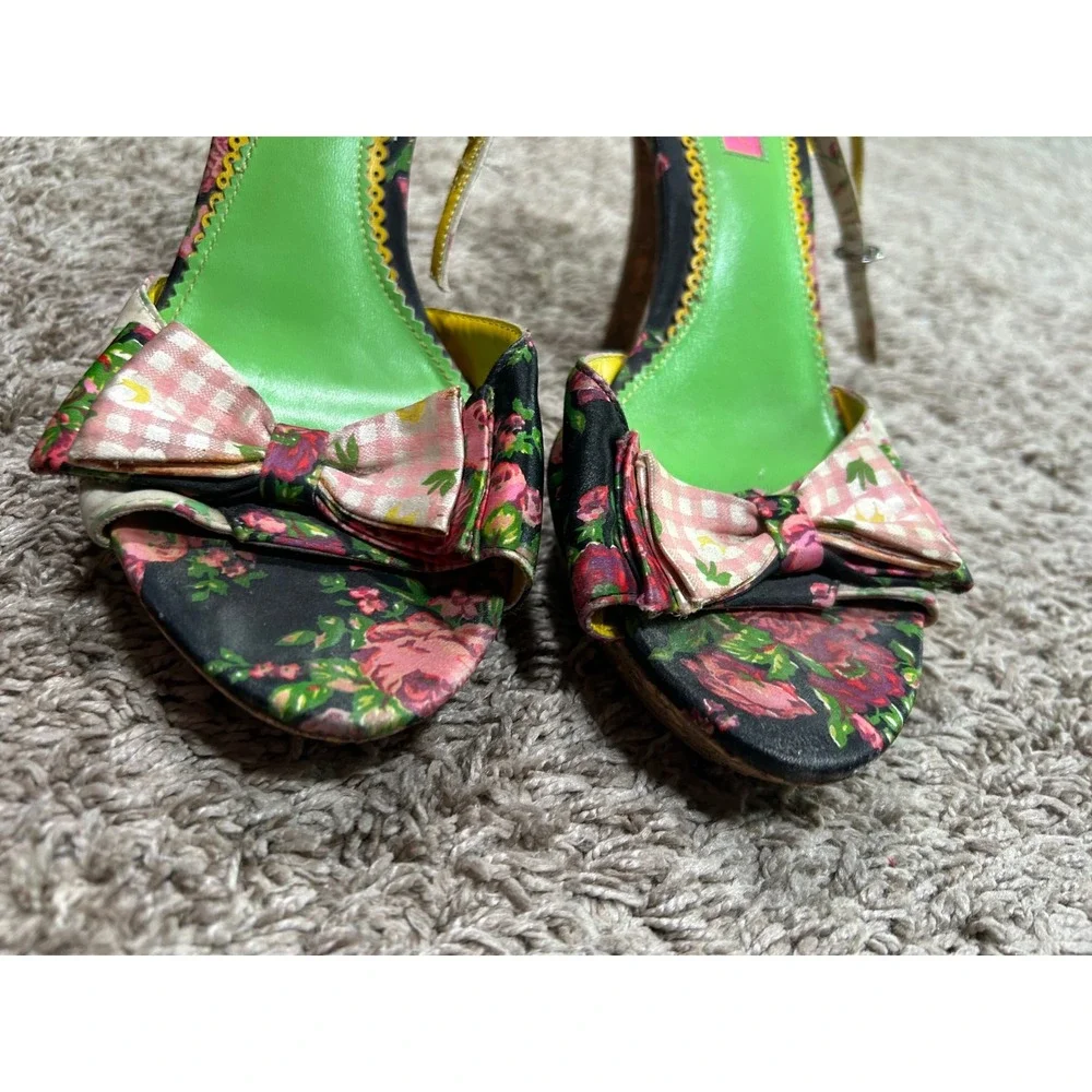 Vintage Y2K Betsey Johnson Floral Gingham Bow Sandals Cork Heel 8.5 Cottagecore